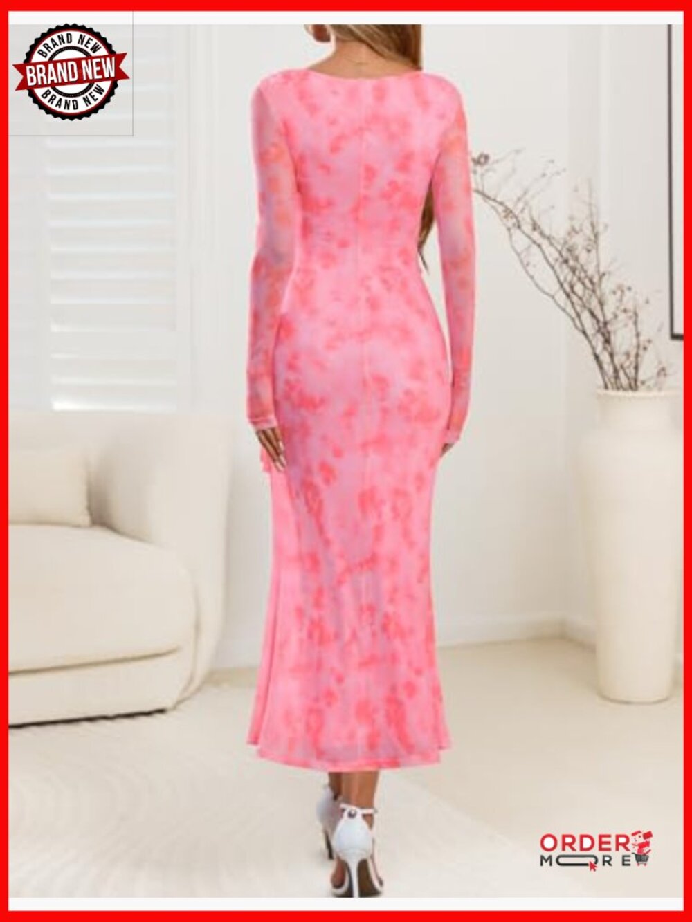 Floral Long Sleeve Maxi Dress Bodycon V-Neck Ruffle Wedding Party - Picture 4 of 7